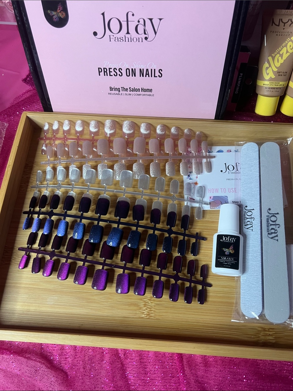Jofay Fashion Press-On Nails - Pink, Silver, Purple Ombre Set